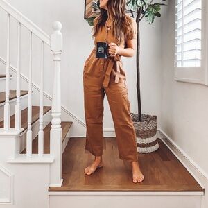 EVERLANE LINEN SHORT SLEEVE JUMPSUIT TAWNY BROWN 0 / XS